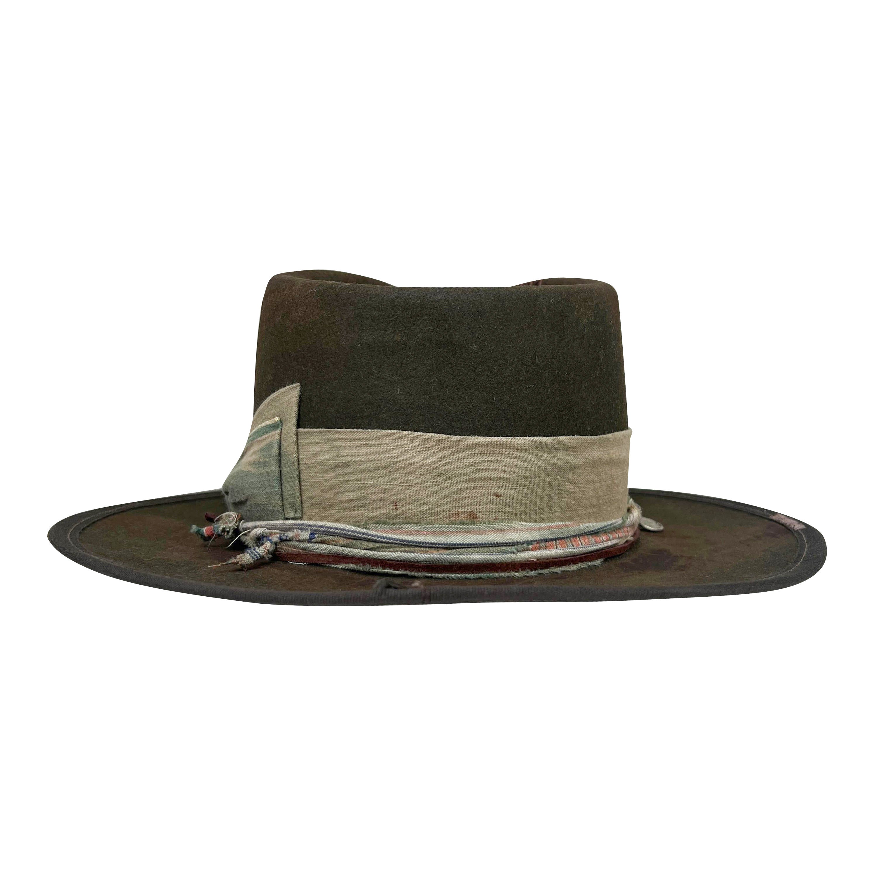 Chapeau Feutre Teressa Foglia Vert Vieilli Avec Ruban Et Perles - Taille Unique - Occasion